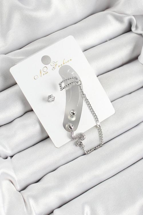 Pirinç Yılan Figürlü Zirkon Taşlı Gümüş Renk 3'lü Kıkırdak Kadın Küpe Set - EBJ250530W34486