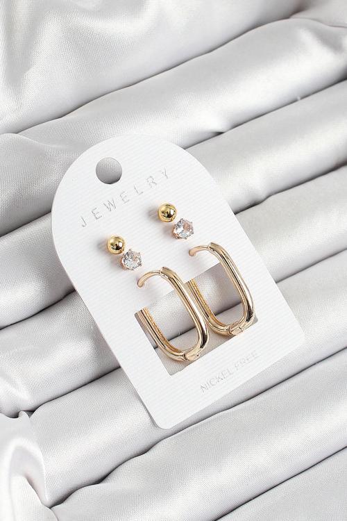 Pirinç Zirkon Taş Ve Dikdörtgen Figürlü Gold Renk 3'lü Çift Kadın Küpe Set - EBJ250530W34477