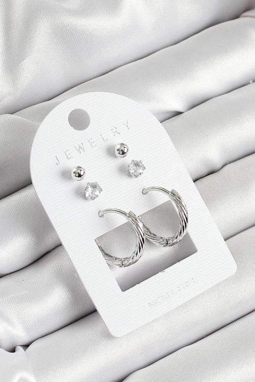 Pirinç Zirkon Taş Ve Halka Figürlü Gümüş Renk 3'lü Çift Kadın Küpe Set - EBJ250530W34472