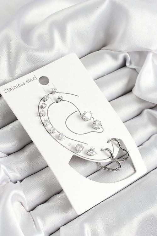 Kalp Figürlü Ve Zirkon Taşlı Gümüş Renk 7'li Çift Kadın Küpe Set - EBJ250530W34465