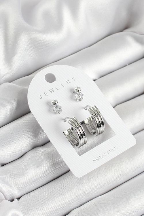 Pirinç Zirkon Taş Ve Halka Figürlü Gümüş Renk 3'lü Çift Kadın Küpe Set - EBJ250530W34475