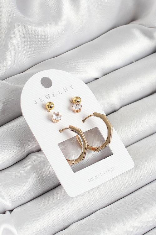 Pirinç Zirkon Taş Ve Kemik Halka Figürlü Gold Renk 3'lü Çift Kadın Küpe Set - EBJ250530W34480