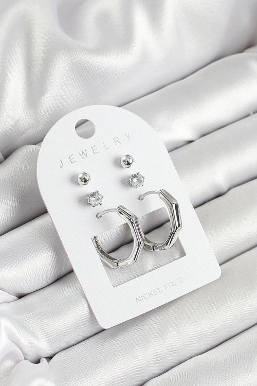 Pirinç Zirkon Taş Ve Kemik Halka Figürlü Gümüş Renk 3'lü Çift Kadın Küpe Set - EBJ250530W34474