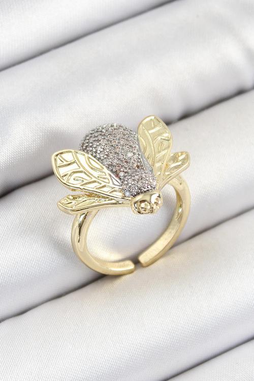 Pirinç Zirkon Taşlı Arı Model Gümüş Ve Gold Renk Kadın Yüzük - EBJ250628W35848
