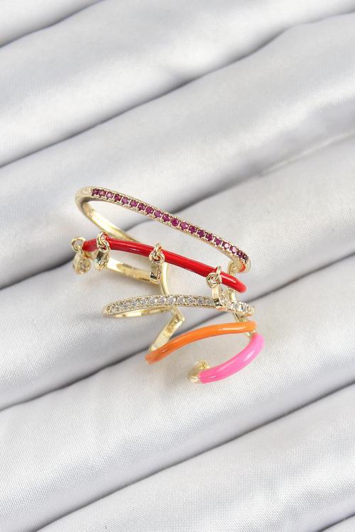 Pirinç Zirkon Taşlı Kırmızı Turuncu Pembe Sıkıştırma Sağ Kıkırdak Gold Renk Kadın Küpe - EBJ250620W35740
