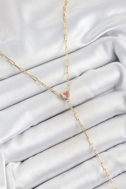 Pirinç Zirkon Taşlı Pembe Kalp Figürlü Y Model Gold Renk Kadın Kolye - EBJ250628W35864