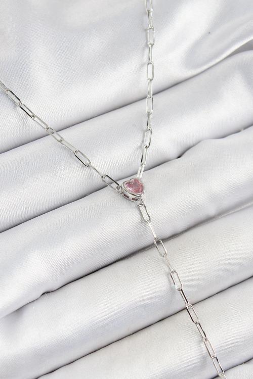 Pirinç Zirkon Taşlı Pembe Kalp Figürlü Y Model Gümüş Renk Kadın Kolye - EBJ250628W35863