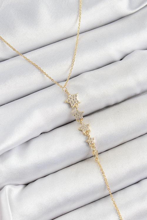 Pirinç Zirkon Taşlı Sıralı Yıldız Figürlü Y Model Gold Renk Kadın Kolye - EBJ250628W35858