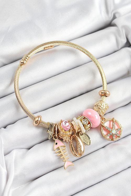 Pembe Zirkon Taşlı Balık Deniz Kabuğu Ve Deniz Yıldızı Model Gold Renk Charm Bileklik - EBJ250628W35930