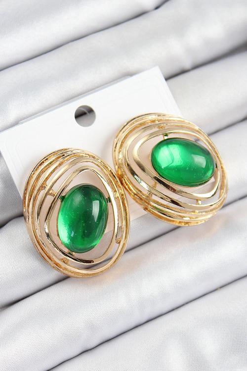 Pirinç Zümrüt Yeşili Zirkon Taşlı Oval Model Gold Renk Kadın Küpe - EBJ250628W35847