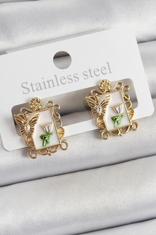 Pirinç Beyaz Mineli Sanatsal Portre Model Gold Renk Kadın Küpe - EBJ250605W34594