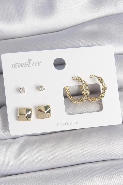 Pirinç Gold Renk Burgu Halka Model Zirkon Taşlı Kare Detay 3 Çift Kadın Küpe Seti - EBJ250522W34241