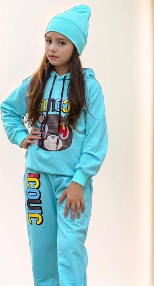 Kız Çocuk Ayıcık ve İconic Yazı Baskılı Kapüşonlu Sweatshirt Aqua Eşofman Takım