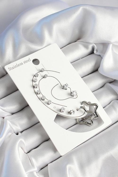 Yıldız Figürlü Ve Zirkon Taşlı Gümüş Renk 7'li Çift Kadın Küpe Set - EBJ250530W34462