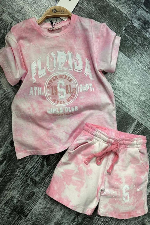 Kız Çocuk Florida Yazı Baskılı Penye T-Shirt Pembe Şortlu Takım