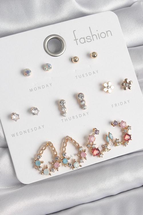 Pirinç Gold Renk Zirkon Taşlı Damla Model Yıldız Detaylı 7 Çift Kadın Küpe Seti - EBJ250520W34089