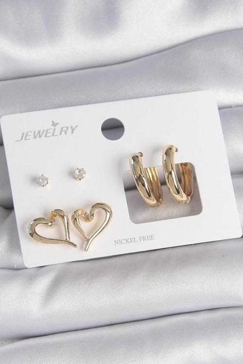 Pirinç Gold Renk Zirkon Taşlı Halka Model Kalp Detay 3 Çift Kadın Küpe Seti - EBJ250522W34240