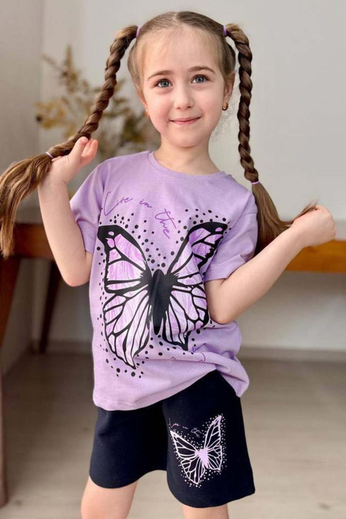 Kız Çocuk Kara Kalem Kelebek Baskılı Penye Lila T-Shirt Şortlu Takım