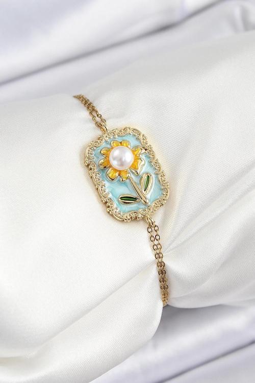 Zincir Turkuaz Mineli Sanatsal Portre İnci Detaylı Papatya Model Gold Renk Kadın Bileklik - EBJ250628W35830