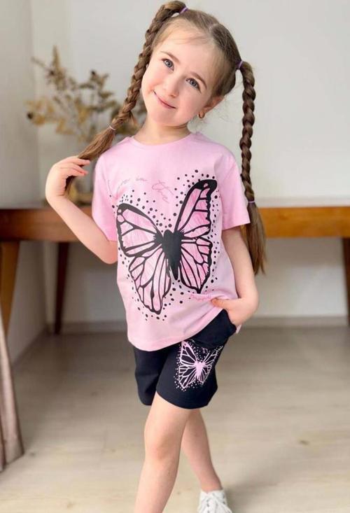 Kız Çocuk Kara Kalem Kelebek Baskılı Penye Pembe T-Shirt Şortlu Takım