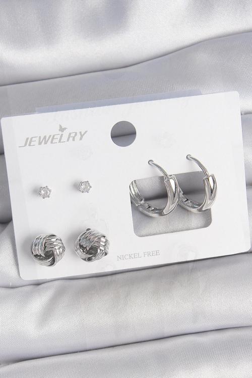 Pirinç Gümüş Renk Zirkon Taşlı Halka Model 3 Çift Kadın Küpe Seti - EBJ250522W34222