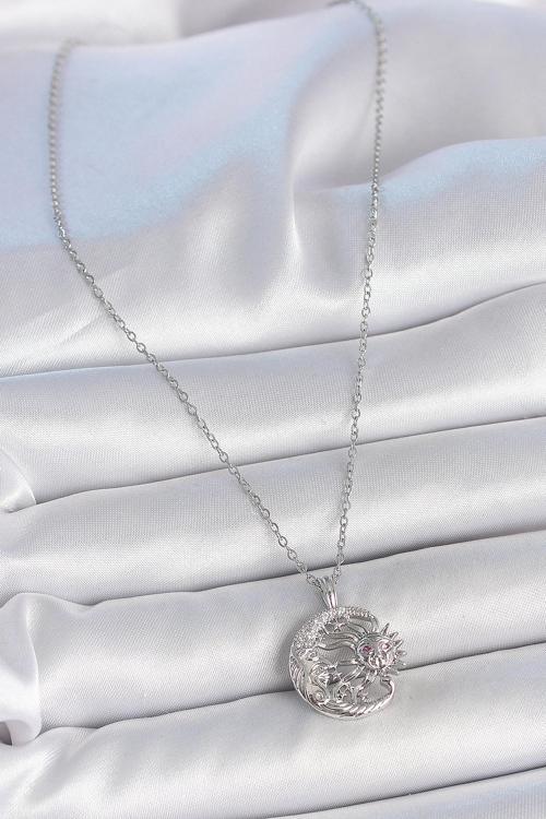 Zarif Kadın için Silver Çelik Zincir Ay Güneş Zirkonlu Kolye