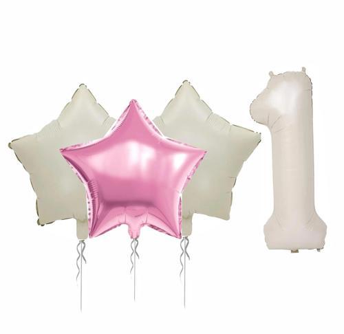 1 YAŞ BEJ RENK FOLYO BALON, 1 ADET PEMBE, 2 ADET BEJ YILDIZ FOLYO BALON