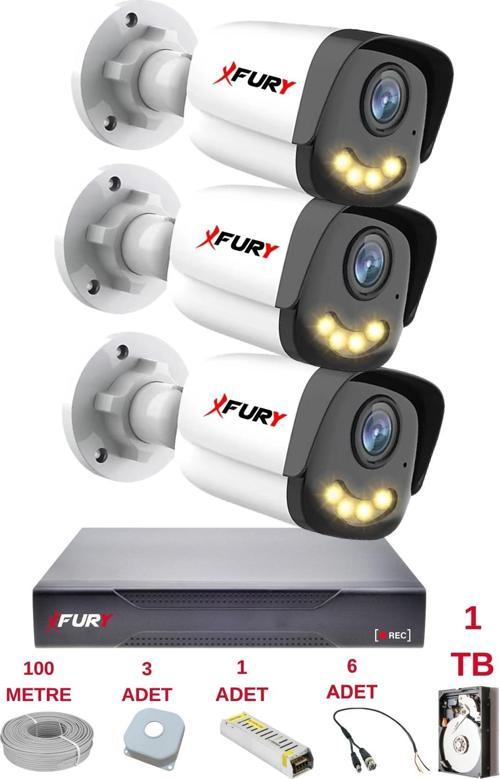 3 Kameralı 4 Warm Led Gece Renkli Görüş-Cepten İzle-Su Geçirmez Güvenlik Kamerası Seti 1TB