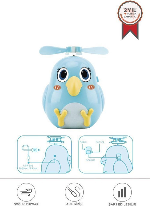 F-31 Mavi El Tipi Mini Fan Vantilatör Sevimli Kuş Figürlü Taşınabilir Mini Fan