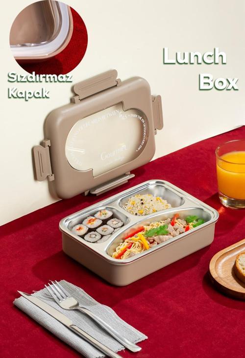 3010-1 Paslanmaz Çelik 3 Bölmeli Vakumlu Yemek Termosu Beslenme Kutusu Taşınabilir Lunch Box Sefer Tası - Kahve