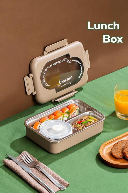 3011-1 Paslanmaz Çelik 3 Bölmeli Vakumlu Yemek Termosu Beslenme Kutusu Taşınabilir Lunch Box Sefer Tası - krem