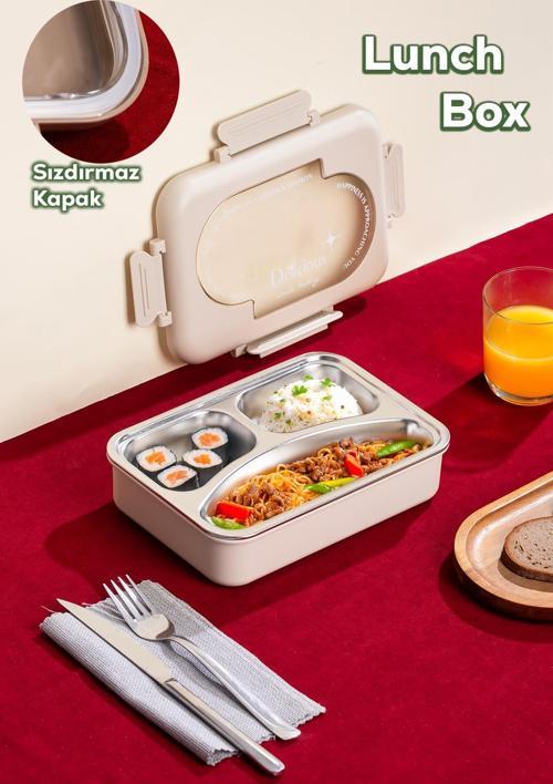 3110 Paslanmaz Çelik 3 Bölmeli Vakumlu Yemek Termosu Beslenme Kutusu Taşınabilir Lunch Box Sefer Tası - Krem