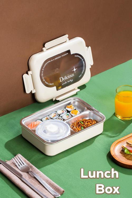 3111 Paslanmaz Çelik 3 Bölmeli Vakumlu Yemek Termosu Beslenme Kutusu Taşınabilir Lunch Box Sefer Tası - Krem