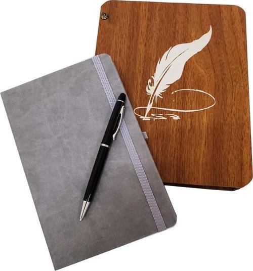 Hediyelik Metal Kalem Ve Çizgili Deri Defter