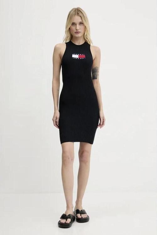 TJW FLAG SWEATER MINI DRESS EXT Kadın Siyah Elbise DW0DW20877BDS