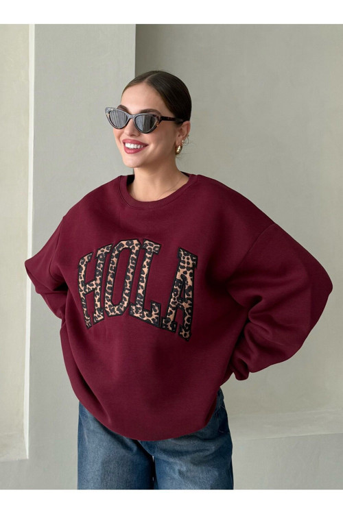 Bordo Hola Baskılı Sweatshirt