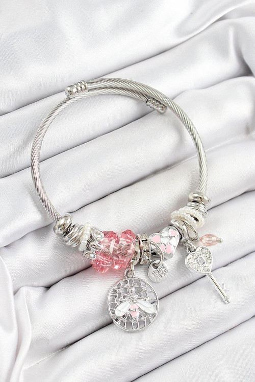Çelik Pembe Zirkon Taşlı Baykuş Arı Ve Anahtar Model Gümüş Renk Charm Bileklik