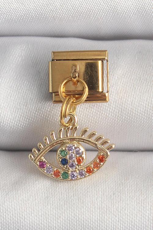 316L Çelik Gold Renk Sallantı Renkli Zirkon Taşlı Göz Model Nomination Charm
