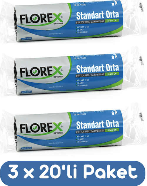 Standart Orta Boy Çöp Torbası 55x60 Cm 20'li Rulo Siyah 3 Rulo (60 Adet)