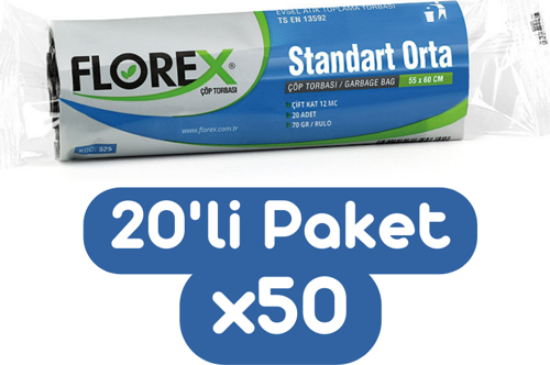 Standart Orta Boy Çöp Torbası 55x60 Cm 20'li Rulo Siyah 50 Rulo (1000 Adet 1 Koli)