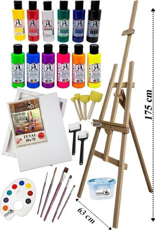 Akrilik Boya Resim Seti Südor Monalisa 12 Renk 70 ml Akrilik Boya 2 Tuval 50x70 Fırça Spatula Şövale