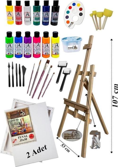 Çocuk Şövale Akrilik Boya Resim Seti Monalisa 12 Renk 70 ml Akrilik Boya 2 Tuval 35x50 Fırça Spatula
