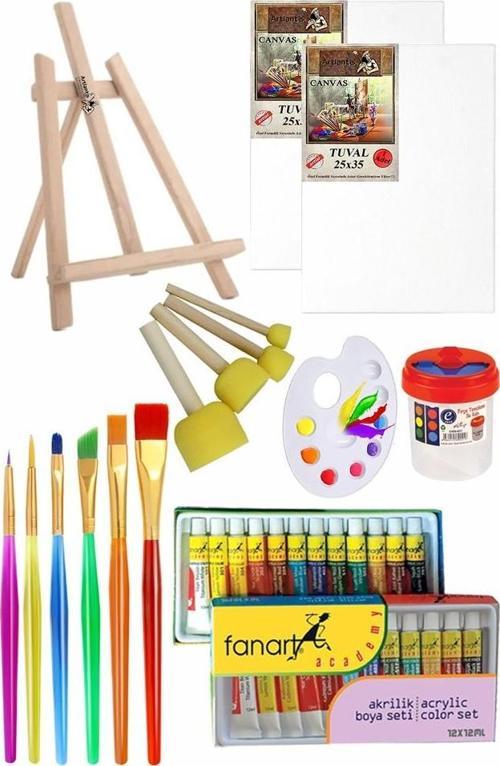 Mini Şövale 25x35 2 li Tuval Fanart 12 Renk Akrilik Boya Başlangıç Seti Fırça Palet Ponpon Su Kabı Masaüstü Sanatsal