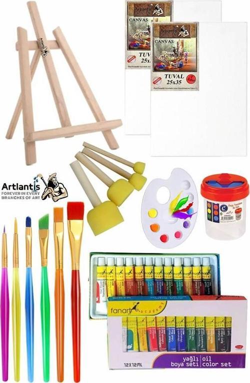 Mini Şövale 25x35 2 li Tuval Fanart 12 Renk Yağlı Boya Başlangıç Seti Fırça Palet Ponpon Su Kabı Masaüstü Sanatsal