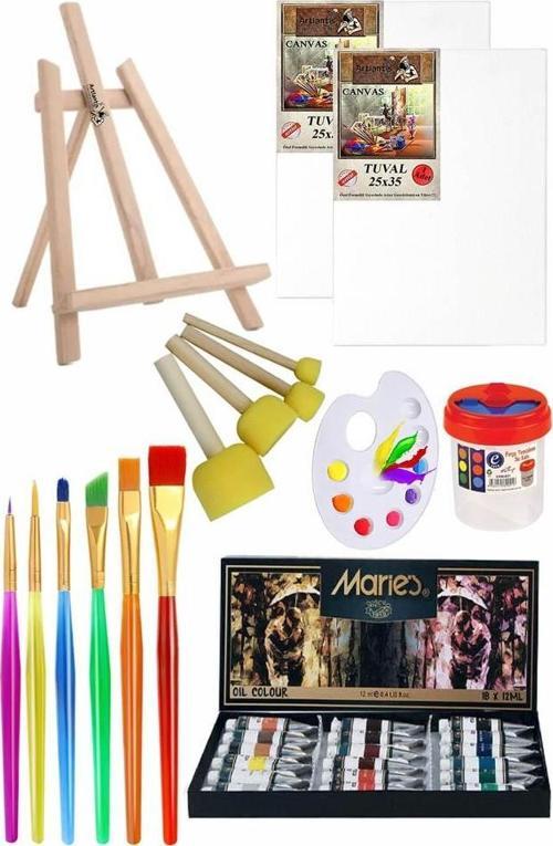 Mini Şövale 25x35 2 li Tuval Maries 12 Renk Yağlı Boya Başlangıç Seti Fırça Palet Ponpon Su Kabı Masaüstü Sanatsal