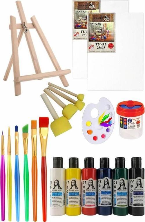 Mini Şövale 25x35 2 li Tuval Monalisa 6 Renk Akrilik Boya Başlangıç Seti Fırça Palet Ponpon Su Kabı Masaüstü Sanatsal