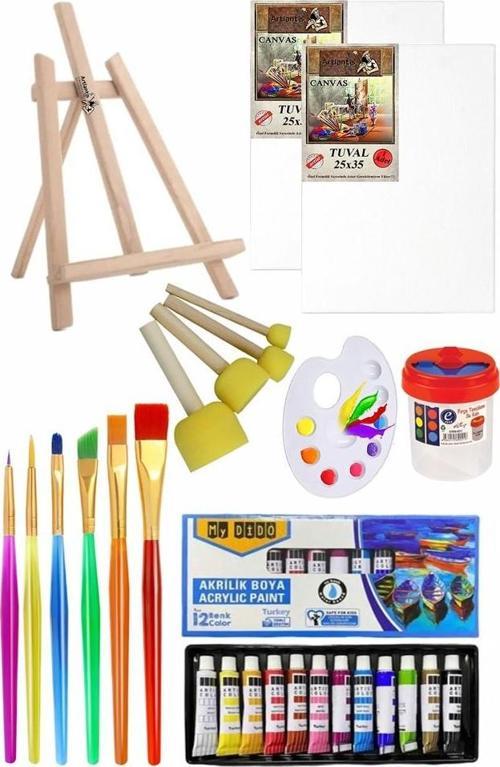 Mini Şövale 25x35 2 li Tuval Mydido 12 Renk Akrilik Boya Başlangıç Seti Fırça Palet Ponpon Su Kabı Masaüstü Sanatsal