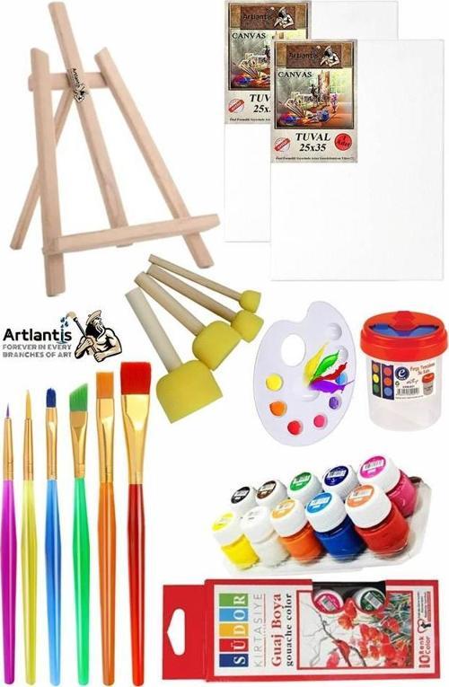 Mini Şövale 25x35 2 li Tuval Südor 10 Renk Guaj Boya Başlangıç Seti Fırça Palet Ponpon Su Kabı Masaüstü Sanatsal
