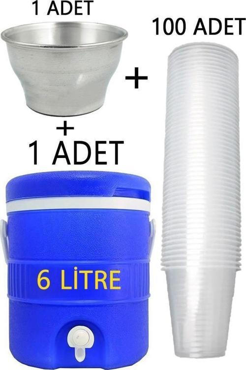 Plastik 6 Litre Mavi Musluklu Soğuk Su Termosu Buz Tası 100 Adet Pet Su Bardağı Seti
