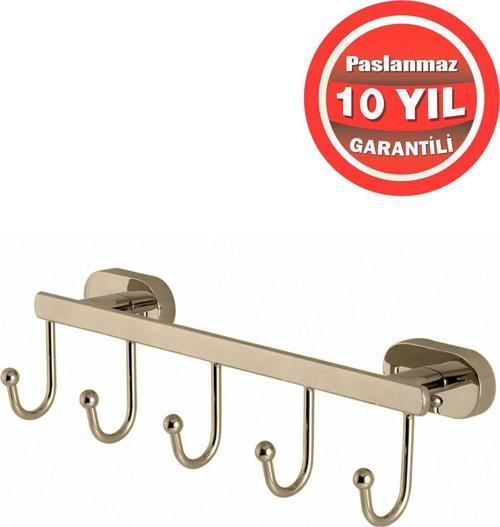 Paslanmaz Pirinç Zirve Beşli Askılık Havlu Askısı Altın Gold
